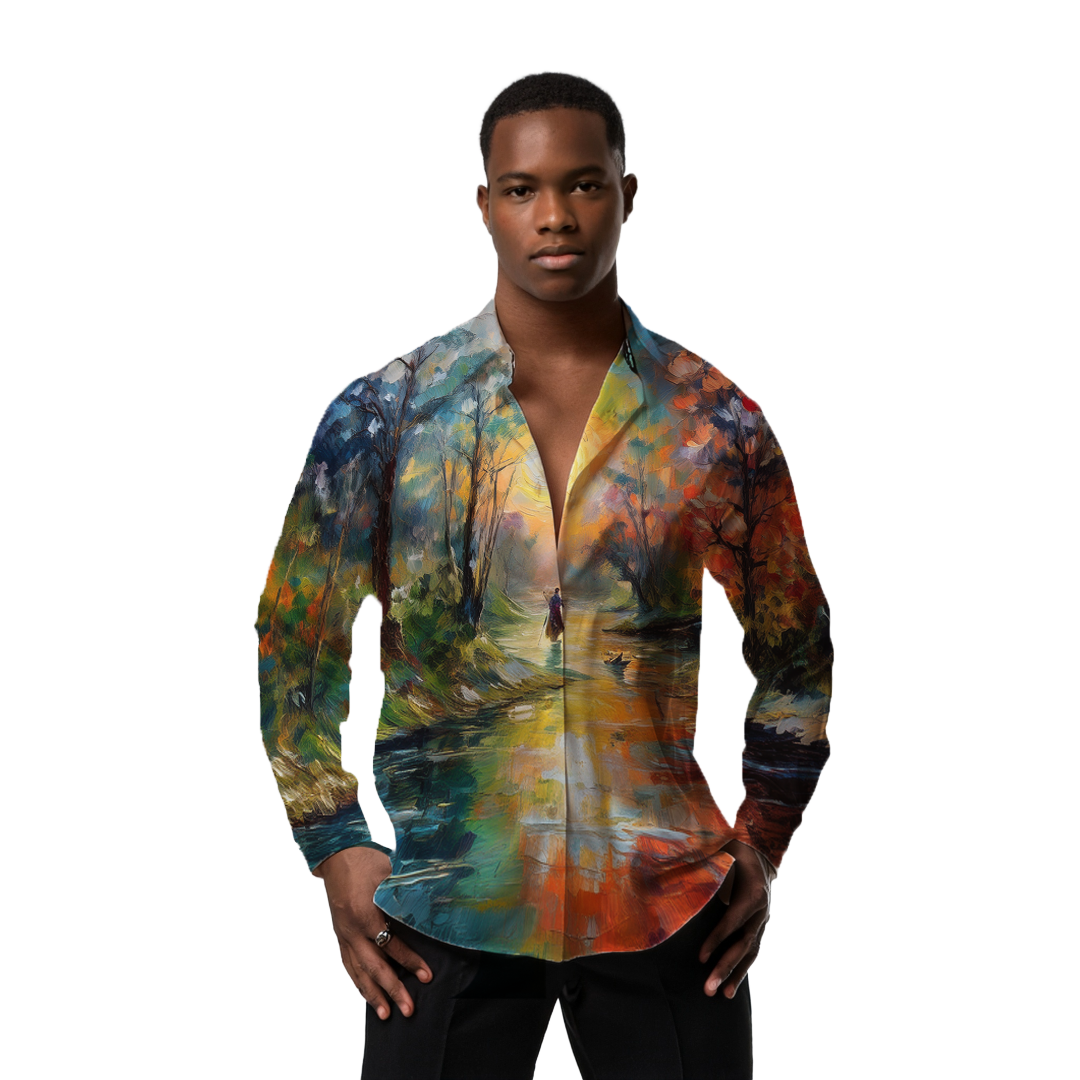 Llegando al lago - Camisa 100% de seda - Manga larga