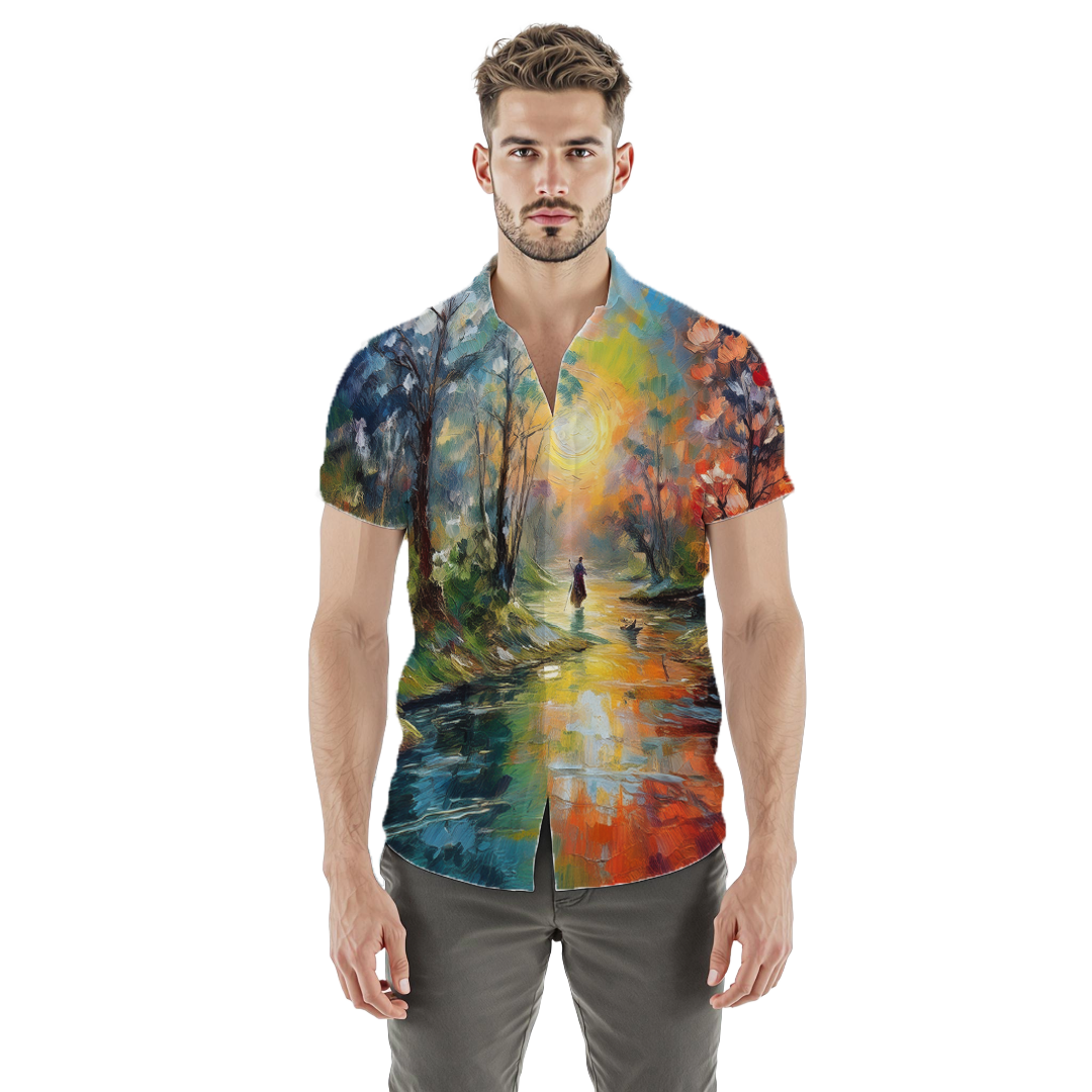 Llegando al lago - Camisa 100% de seda - Manga corta