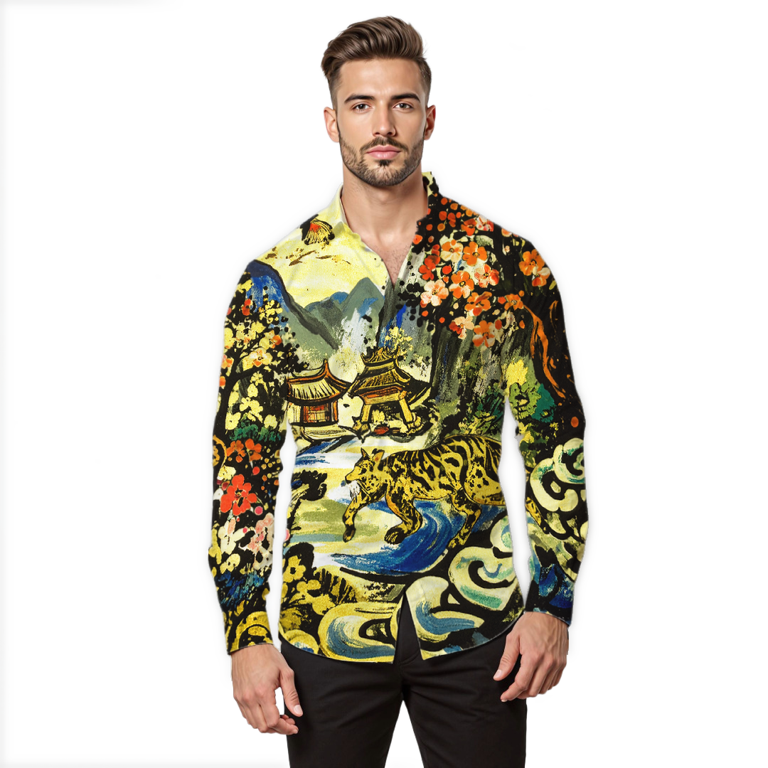 Un día en la aldea - Camisa 100% de seda - Manga larga